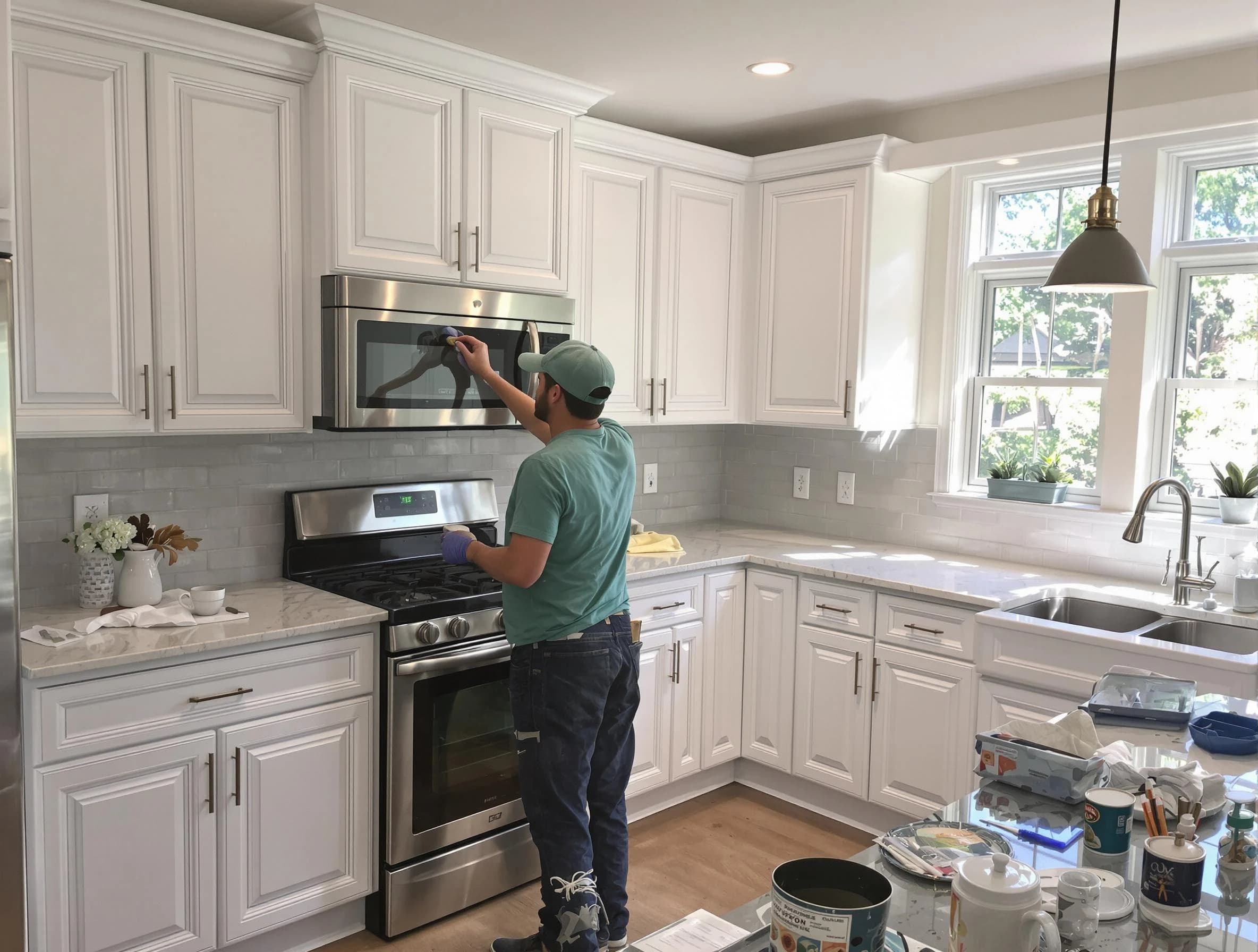 Kitchen cabinets being refinished by Brook Park House Painters in Brook Park, OH