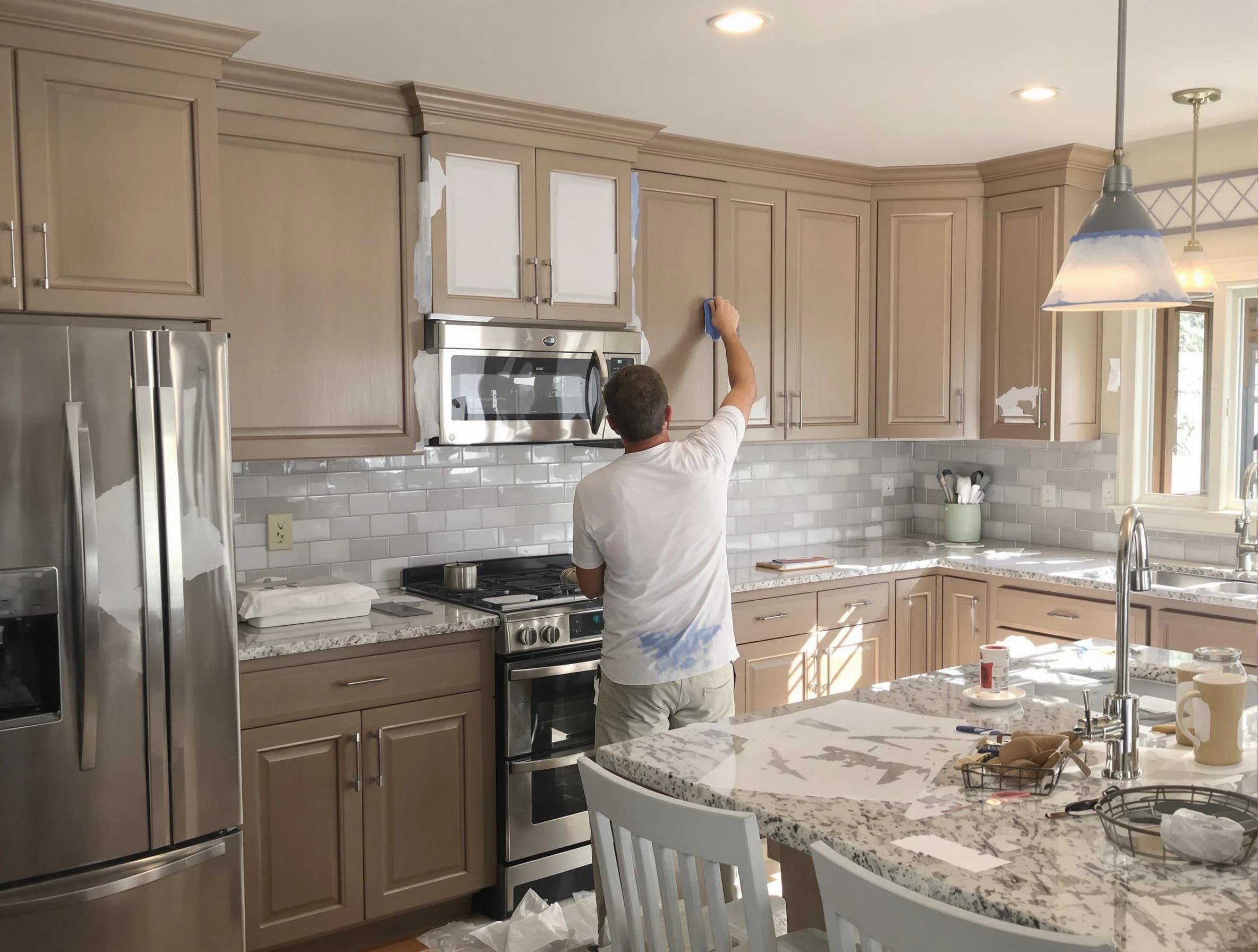 Before-and-after view of kitchen painting by Brook Park House Painters in Brook Park